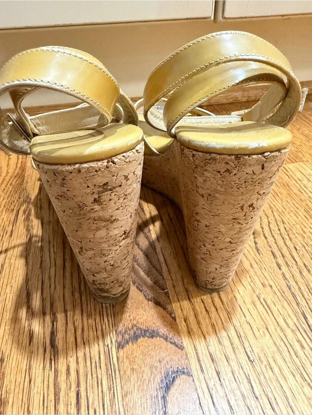 Jimmy Choo Yellow/Tan Patent Cork Wedge Sandals Sz 39